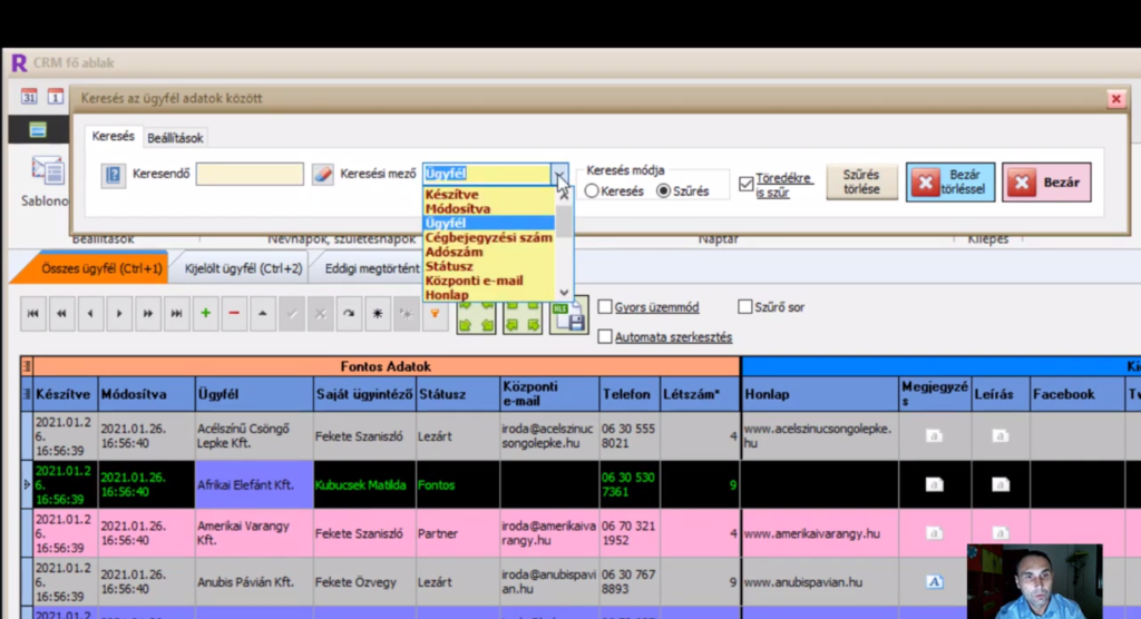 CRM rendszer - keresés, szűrés